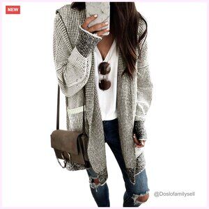 Oversized Hooded Cardigan Sweater Coat Chunky Knit Open Front Plaid